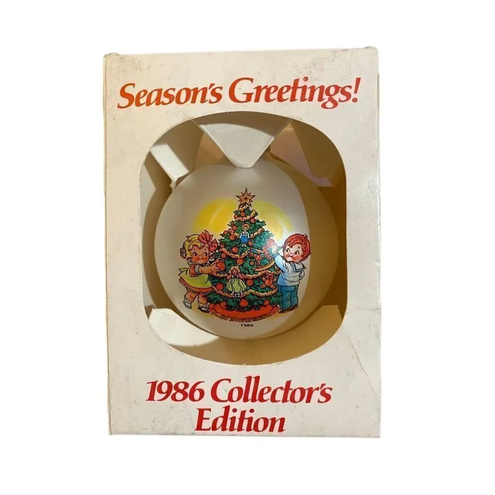 Vintage Campbell’s kids 1986 decorating Christmas tree glass ornament inbox